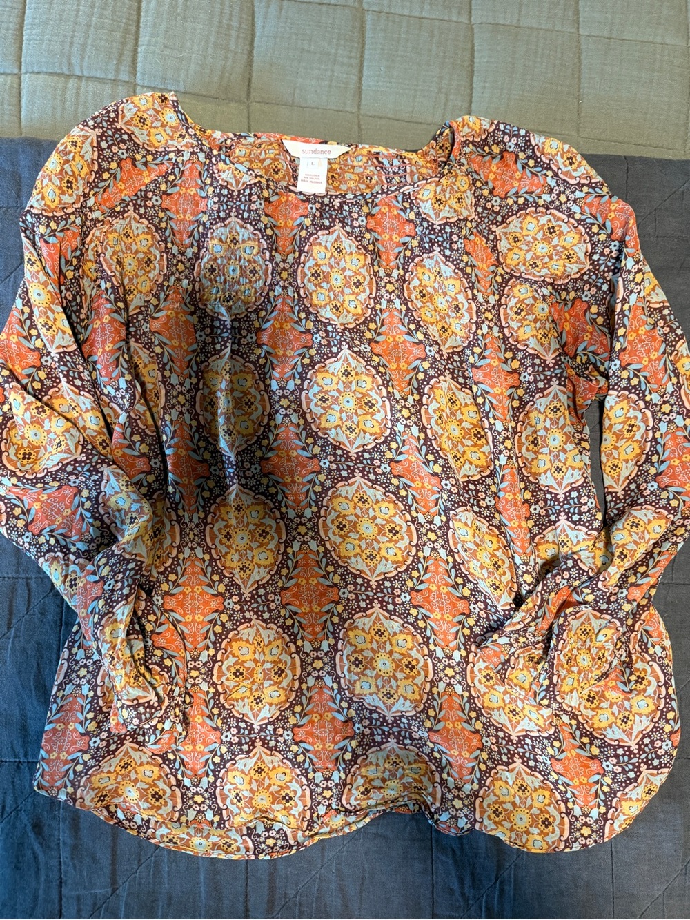 Sundance orange and brown paisley medallion long-sleeve blouse
